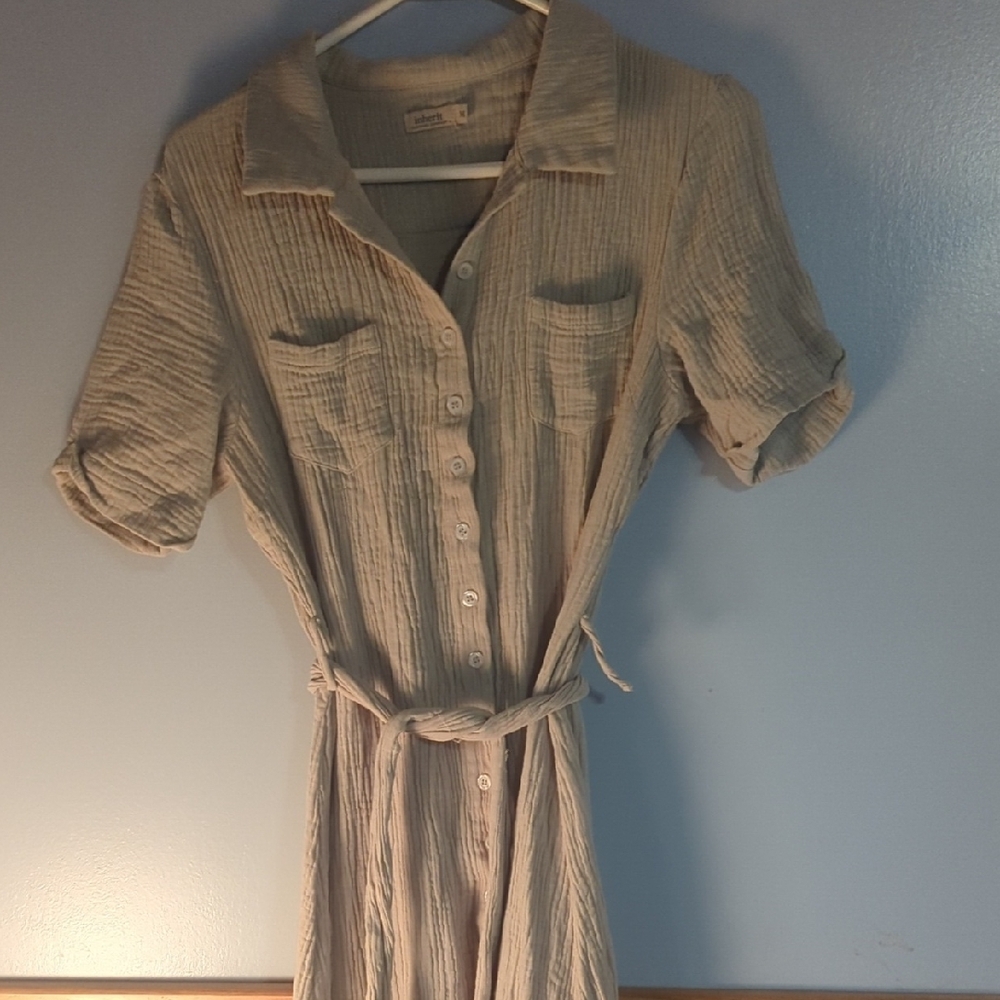 Inherit Beige Button-Up Dress with Belt